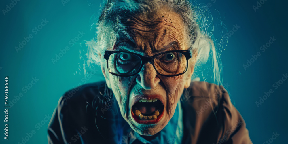 Fototapeta premium Ugly evil old woman teacher furious with the students on blue background.