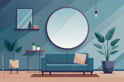A sleek modern mirror in a minimalist living room, enhancing the sense of space and light