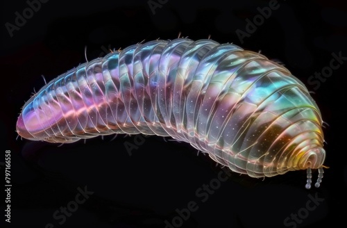Close-up of a colorful iridescent millipede on a dark background
