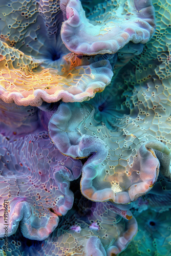 The textured surface of coral formations found in underwater ecosystems  showcasing their intricate structures and vibrant colors. Coral textures offer a marine-inspired backdrop.