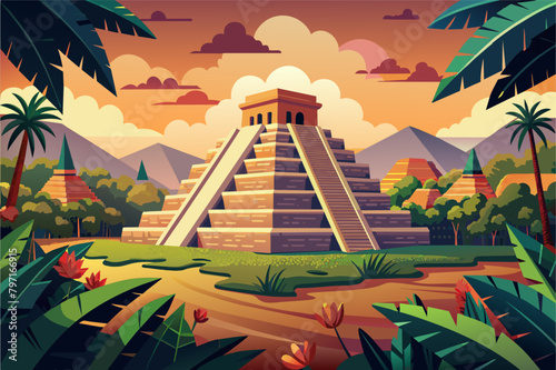 A serene scene of the Mayan ruins of Chichen Itza in Mexico, with the towering pyramid of El Castillo rising above the surrounding jungle photo