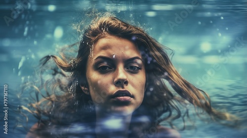 Female swimmer at the swimming pool. Underwater photo