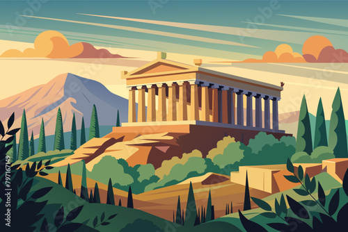 A serene image of the Parthenon atop the Athenian Acropolis, with Doric columns standing proud against a backdrop of rolling hills and olive groves