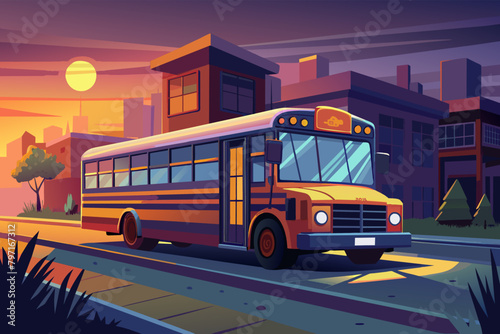 A school bus illuminated by the early dawn light, making its first stop of the day