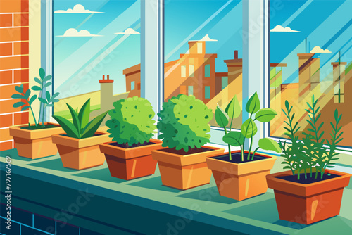 A row of potted herbs basking in the sunlight on a windowsill, ready to add flavor to home-cooked meals