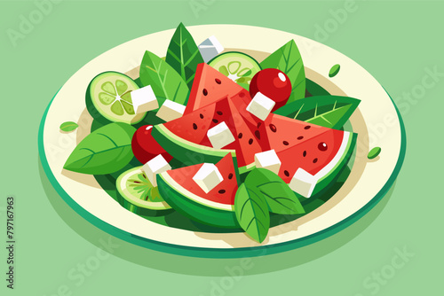 A refreshing summer salad featuring juicy watermelon, creamy feta cheese, and crisp cucumber slices