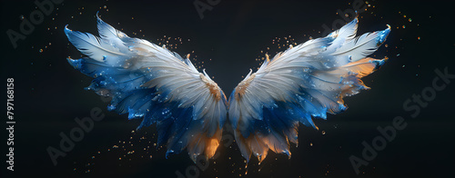 Angel wings, modern, colorful and arty interpretation of angel mythology, black background. A magic inspiration, beautiful mystic wall art, poster, tattoo template etc. photo