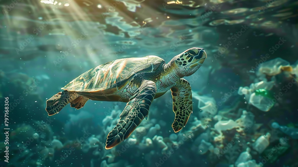 Fototapeta premium Sea turtle swimming amidst plastic waste in the depths of the ocean