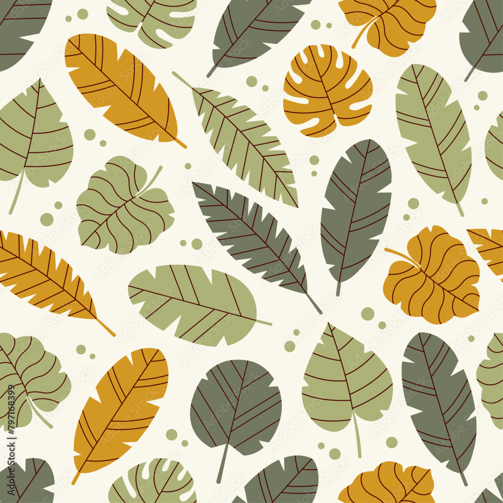 Obraz premium Floral tropical seamless pattern. Exotic plants in green and yellow colors. Background with monstera and banana leafs. Jungle illustration for design, print, fabric or background. Summer Time. Hawaii 