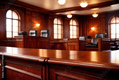 Empty courtroom  not in session during legal proceedings