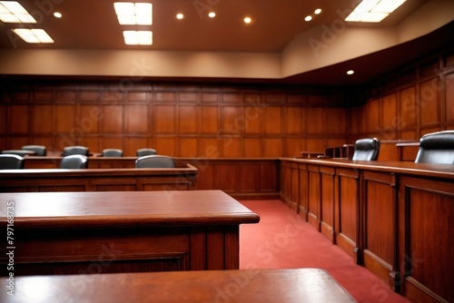 Empty courtroom  not in session during legal proceedings