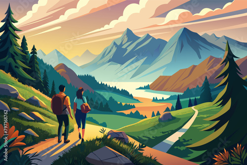 A peaceful walk along a mountain trail, a couple takes in the breathtaking views of the valley below