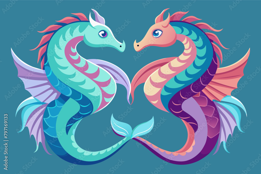 A pair of seahorses entwined together in a delicate courtship dance, their tails wrapped around each other as they swim in unison