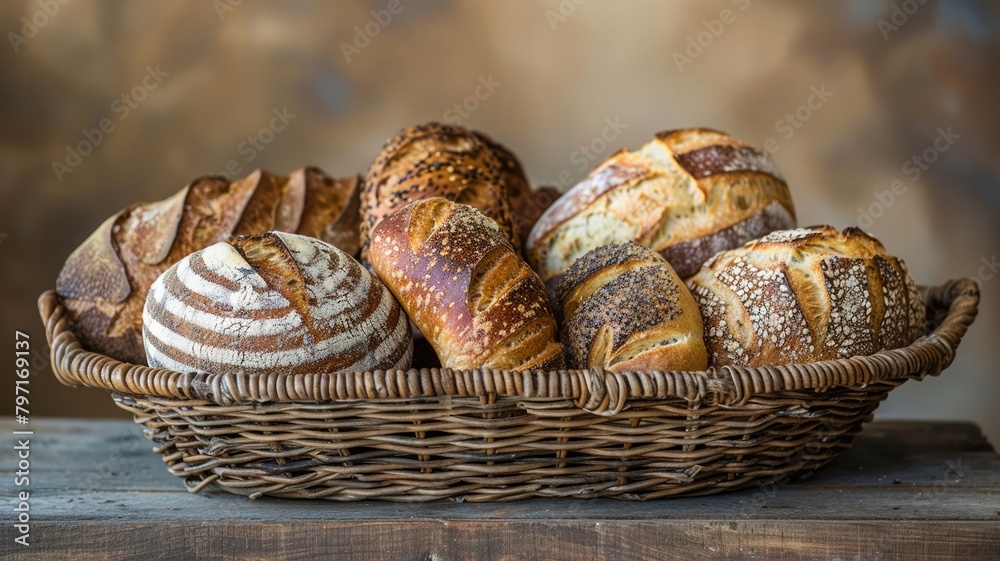 Variety of artisanal breads displayed in a traditional basket