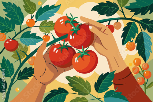 A pair of hands carefully harvesting ripe tomatoes from the vine, savoring the taste of summer