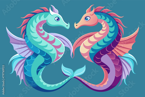 A pair of seahorses entwined together in a delicate courtship dance  their tails wrapped around each other as they swim in unison