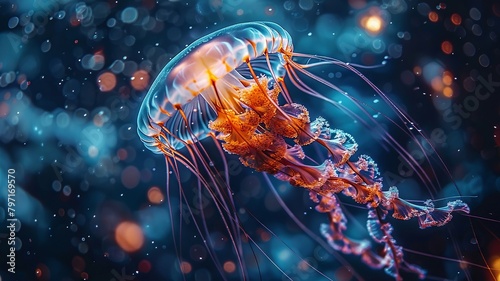 Majestic jellyfish with glowing tentacles in dark waters photo