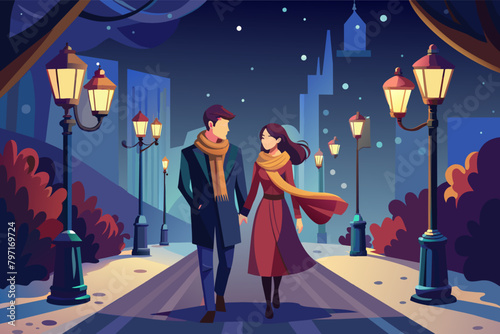 An enchanted evening walk, a couple wrapped in a shared scarf under the twinkling streetlights