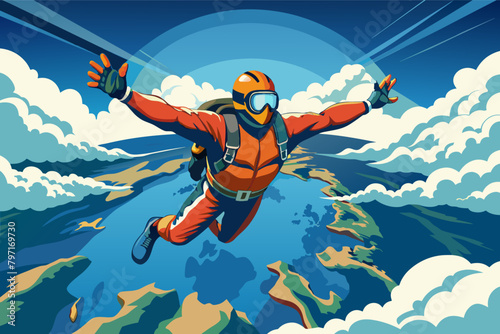 An adrenaline-pumping shot  skydiver in freefall, with the earth far below and clouds stretching out to the horizon