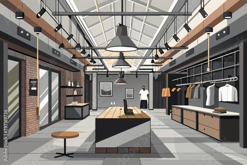 A modern office space with glass partition walls, concrete floors, and minimalist metal desks