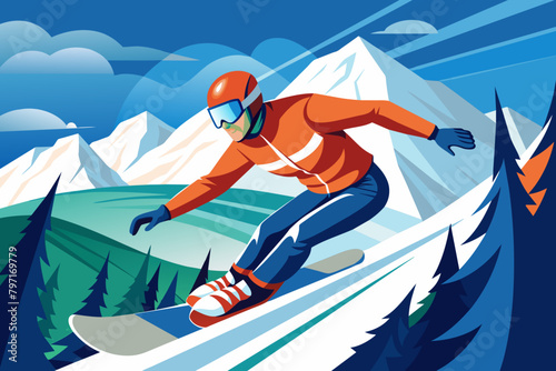 An action-packed shot  snowboarder carving down a steep mountain slope, kicking up powder as they make their descent