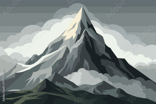 A mist-covered mountain peak, its summit disappearing into the gray sky above