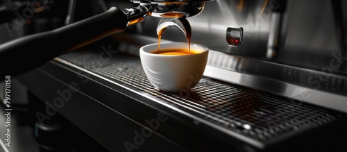 A cup of hot coffee being poured from a coffee machine photo
