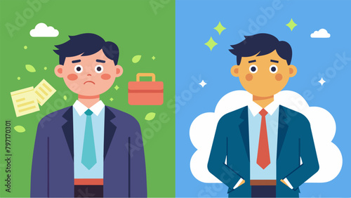 A before and after picture with the before showing a stressed and anxious person with empty pockets and the after showing a confident and