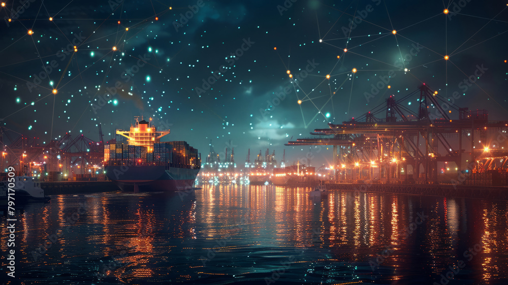 Glowing night-time seaport with cargo ship and world network illustration