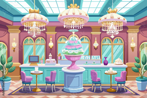 A luxurious ice cream parlor with crystal chandeliers and marble countertops, exuding elegance