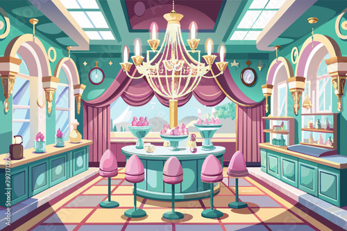 A luxurious ice cream parlor with crystal chandeliers and marble countertops, exuding elegance