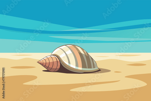 A lone seashell resting on a sandy beach, a minimalist meditation on the passage of time