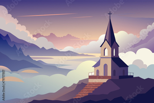 A lone church steeple rising above the fog  its cross reaching toward the heavens