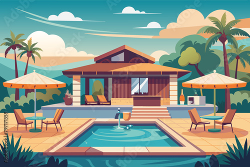 A lavish pool house with a bar, changing rooms, and lounge area