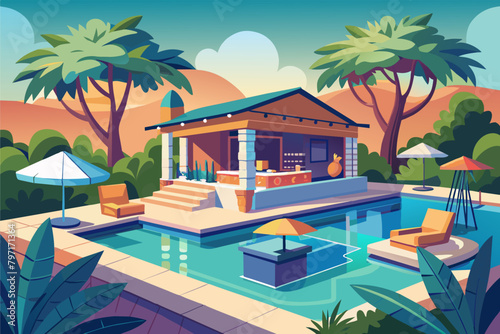 A lavish pool house with a bar, changing rooms, and lounge area