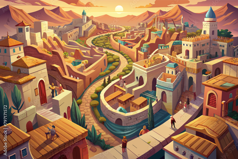 A labyrinth of narrow streets and alleyways winding through an ancient city, bustling with activity below A labyrinth of narrow streets and alleyways winding through an ancient city, bustling with activity below