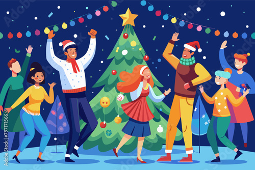 A joyful scene of people singing and dancing around a Christmas tree, with twinkling lights and festive decorations adding to the merriment