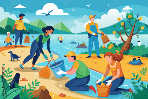 A diverse group of volunteers cleaning up a community park