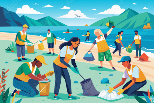 A diverse group of volunteers cleaning up a community park