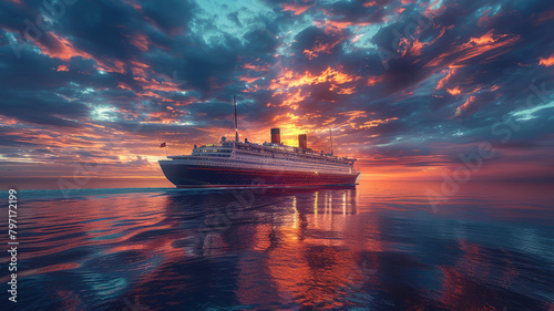 Radiant ocean liner cruising under a dramatic sky painted with twilight hues