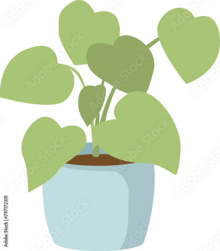 Green heartshaped leaves houseplant blue pot. Indoor potted plant decoration simple flat design. Vector illustration