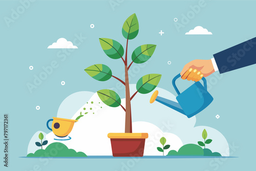 A hand watering a tiny sprout labeled "startup" that blossoms into a flourishing tree, symbolizing nurturing a business idea.