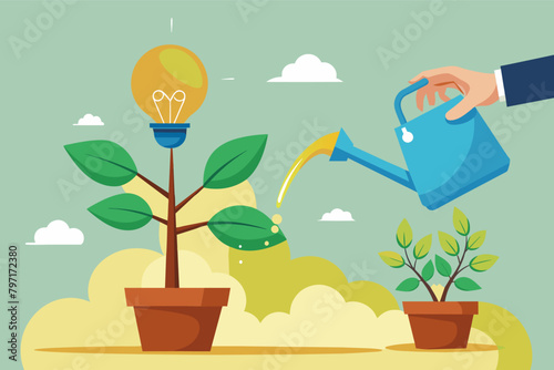 A hand watering a tiny sprout labeled "startup" that blossoms into a flourishing tree, symbolizing nurturing a business idea.