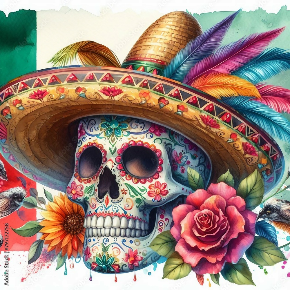 Watercolor Skull Celebration: Cinco de Mayo Fiesta with Mexican Flag Background
