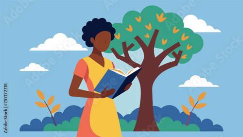 A woman reads aloud from a sacred book during a Juneteenth spiritual service with a painting of a tree representing strength and resilience behind. Vector illustration