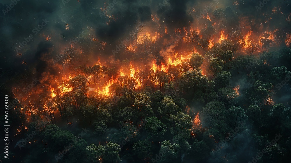 Wildfire encroaching upon a dense woodland in aerial perspective