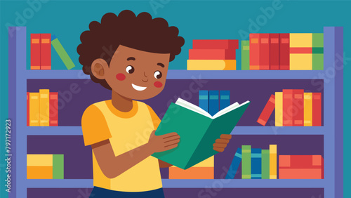 In the cozy corner of the library a young boy flips through a vibrant popup book that educates readers on the history and meaning of Juneteenth.. Vector illustration photo