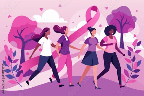 A group of women wearing pink ribbons, walking together in a supportive march or relay race.