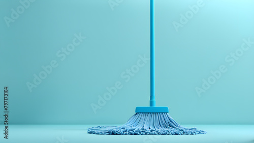 A blue mop with a blue handle is standing on a wet floor photo