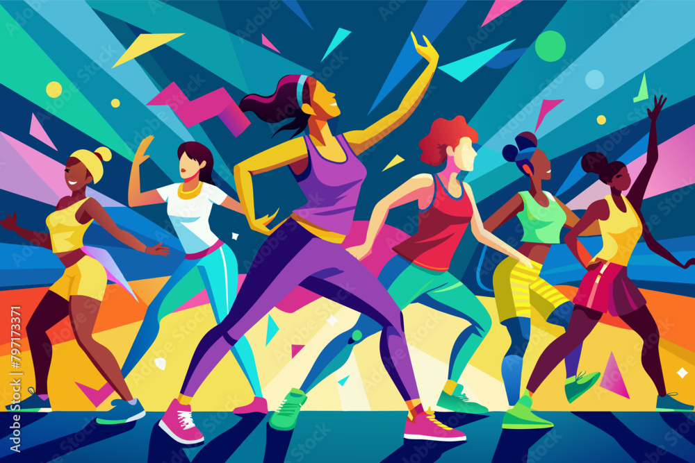 A group of people in a Zumba class with vibrant clothing, their silhouettes creating a kaleidoscope of colors. A group of people in a Zumba class with vibrant clothing, their silhouettes creating a kaleidoscope of colors.